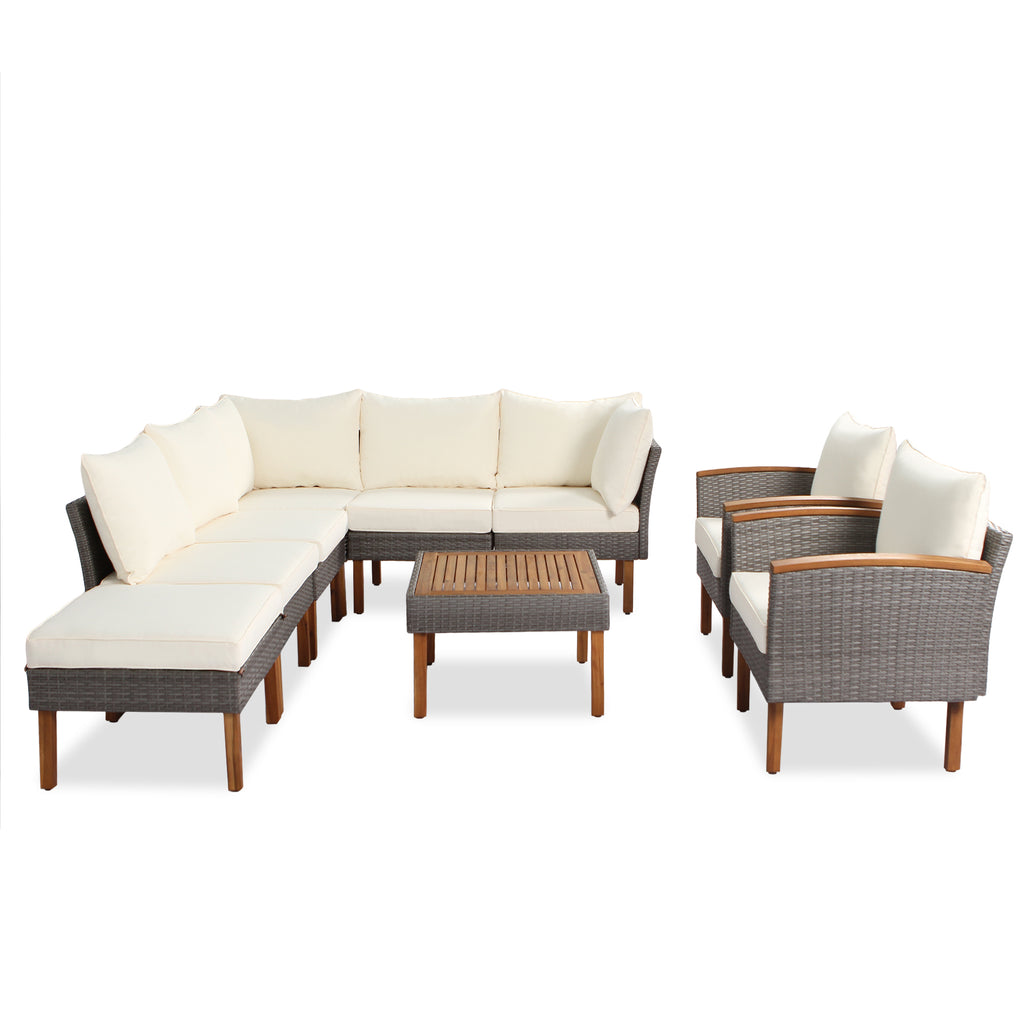 Rattan patio sofa set with beige cushions, sectional seating, and coffee table