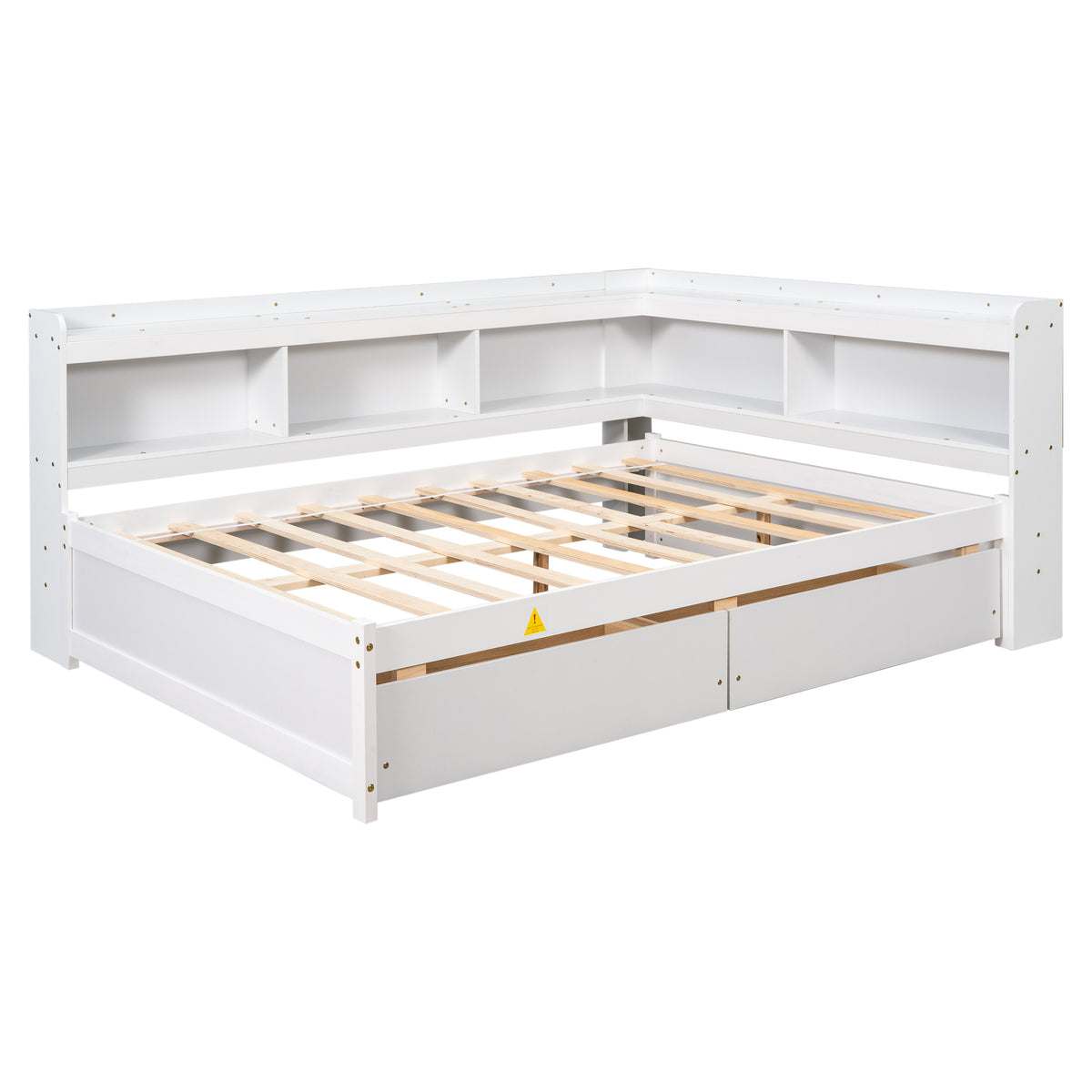 White bed frame with L-shaped bookcase panels and front drawers; slatted mattress base
