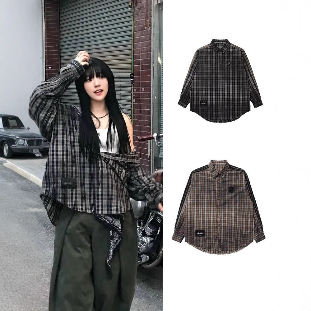 Oversized plaid shirt jacket in dark tones, button front, long sleeves, chest pocket