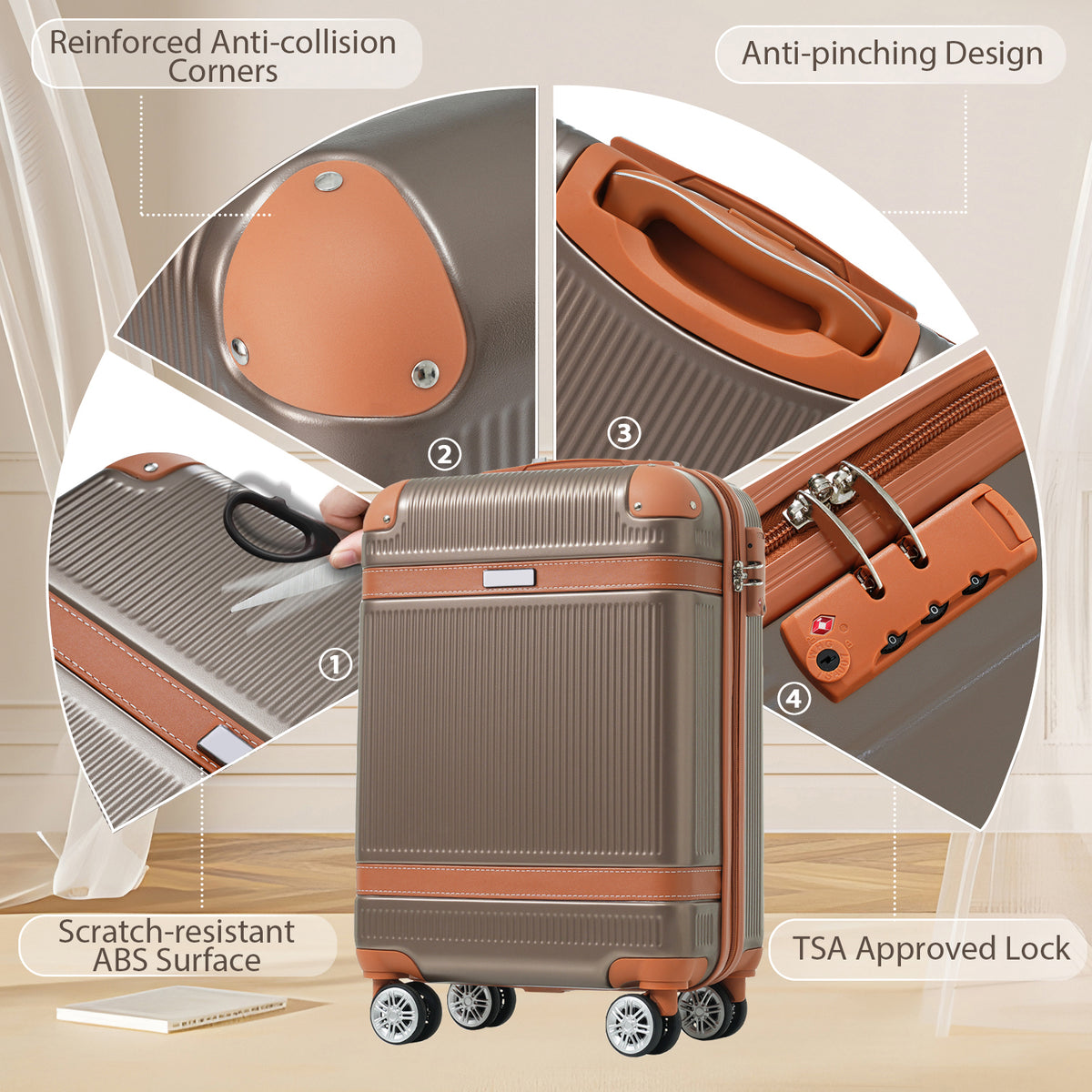 Coppery carry-on hardshell suitcase with spinner wheels, top handle, side zipper pocket