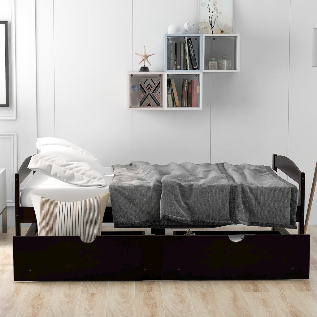 Espresso twin platform bed with two storage drawers, bedding placed on slat mattress