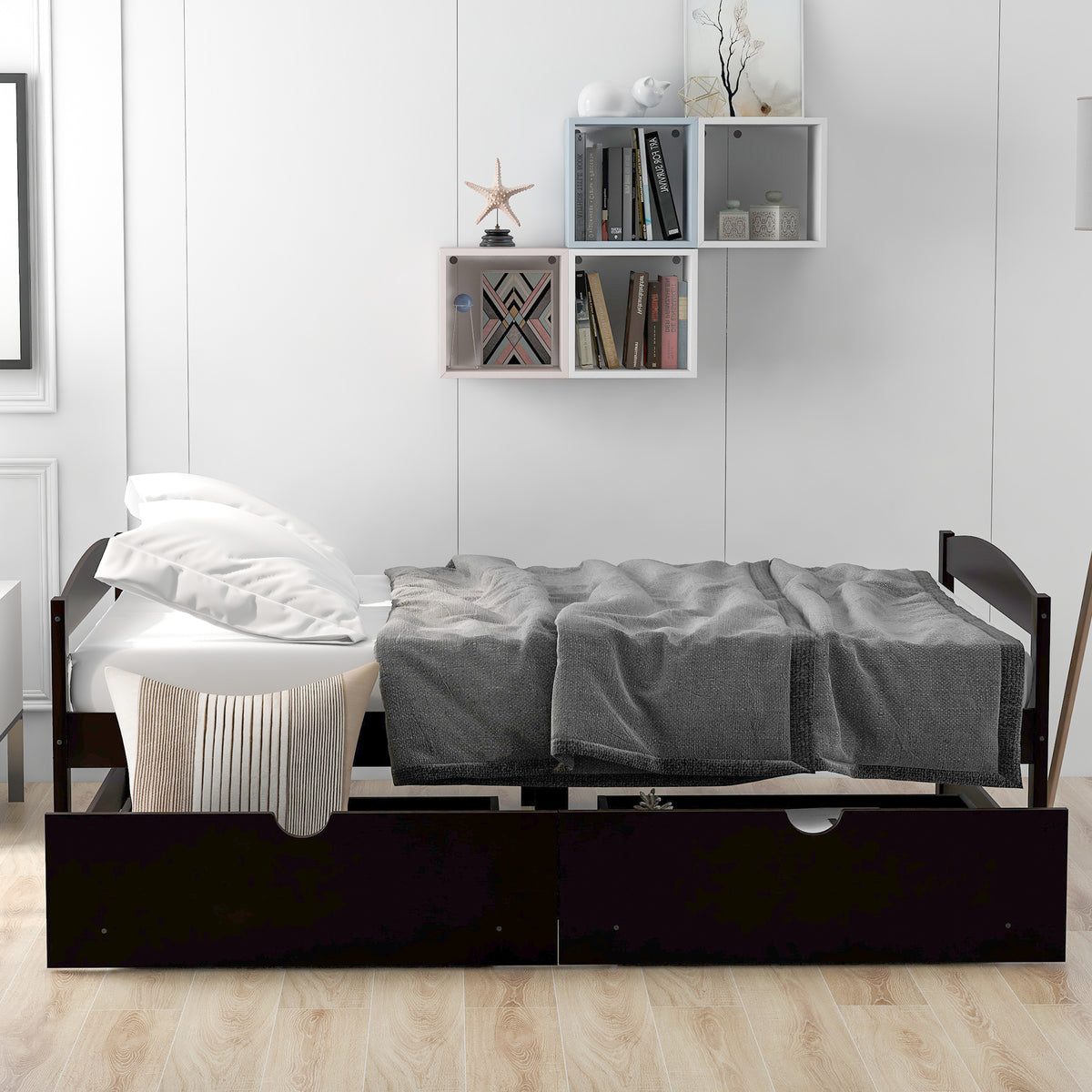 Espresso twin platform bed with two storage drawers, bedding placed on slat mattress
