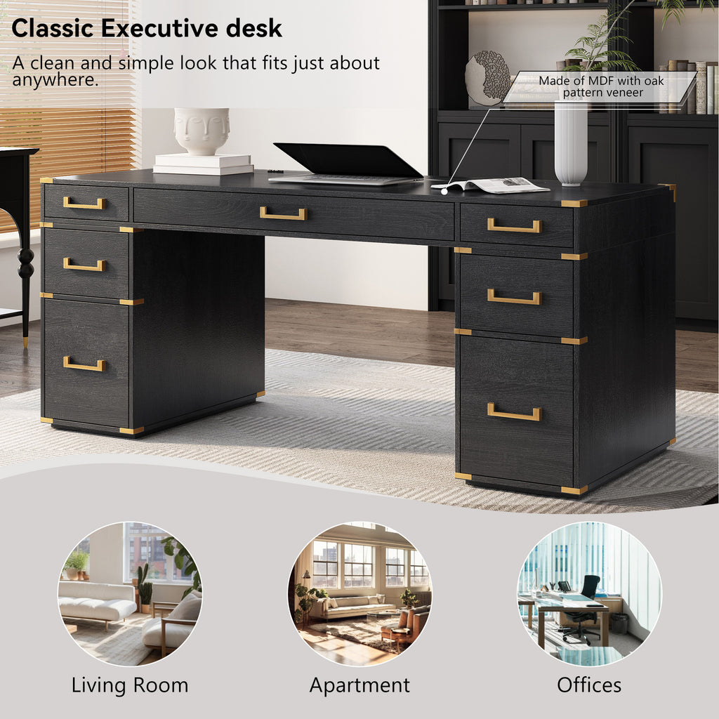 Black executive desk with multiple drawers, gold pulls, and gold metal edge trim.