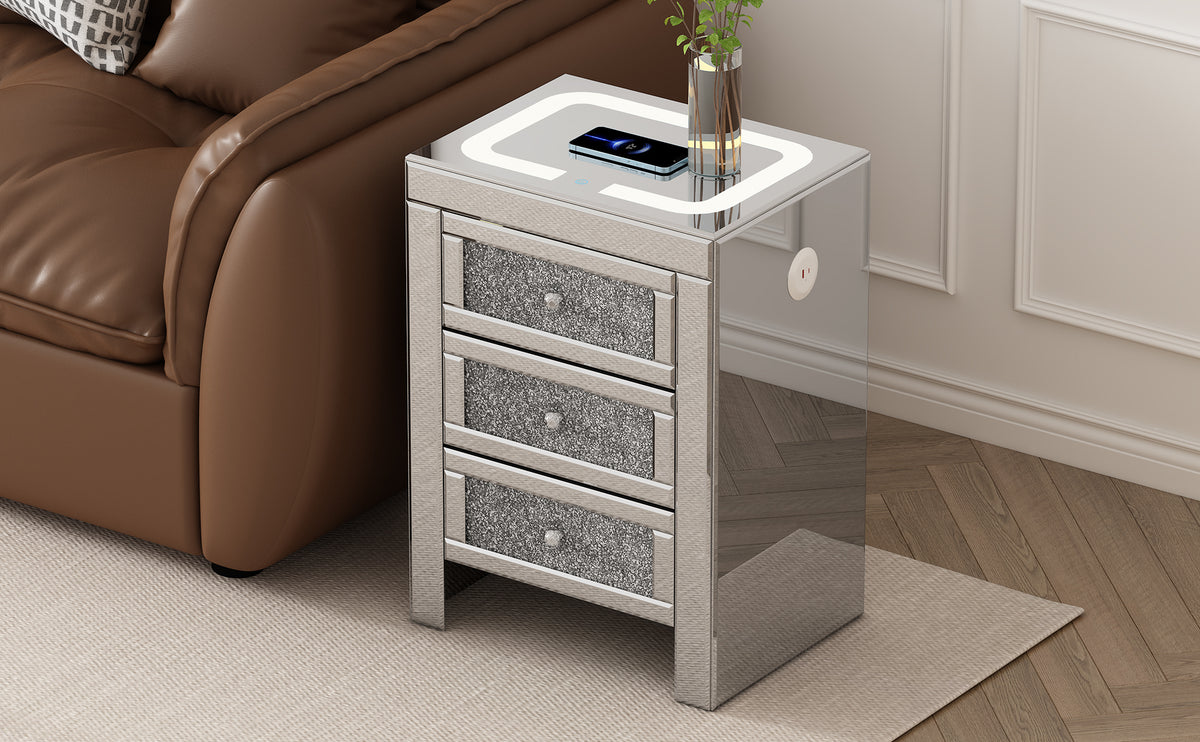 Silver coffee table with three glitter drawers, charging top, and mirror frame