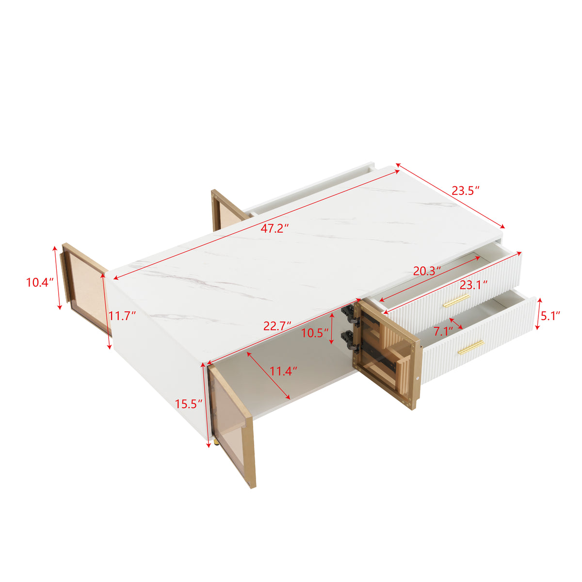 White coffee table with glass-door cabinet and drawers, shown with size diagram