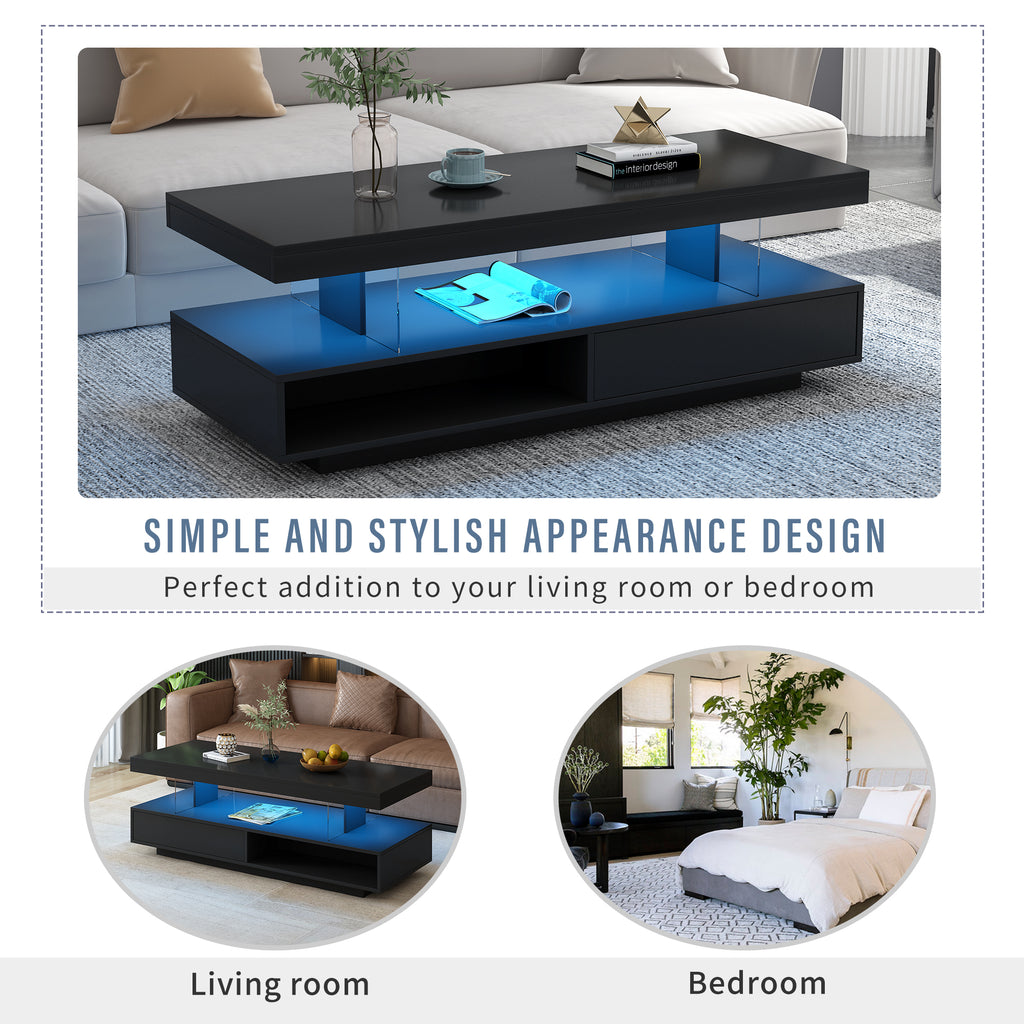 Black coffee table with blue LED-lit storage shelf and two drawers, modern glossy top